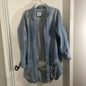 Distressed Long Denim Jacket 1x